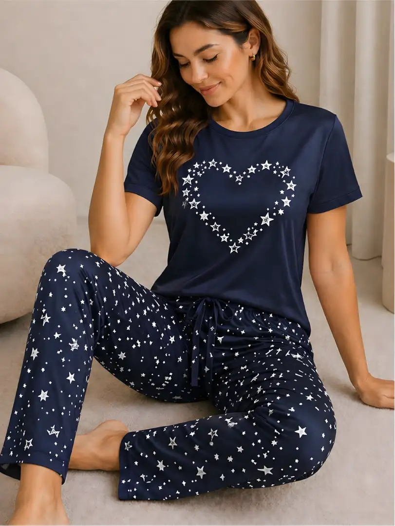 Pijama larga para mujer, camiseta azul navy con corazón de estrellas y pantalón con estampado de estrellas blancas.