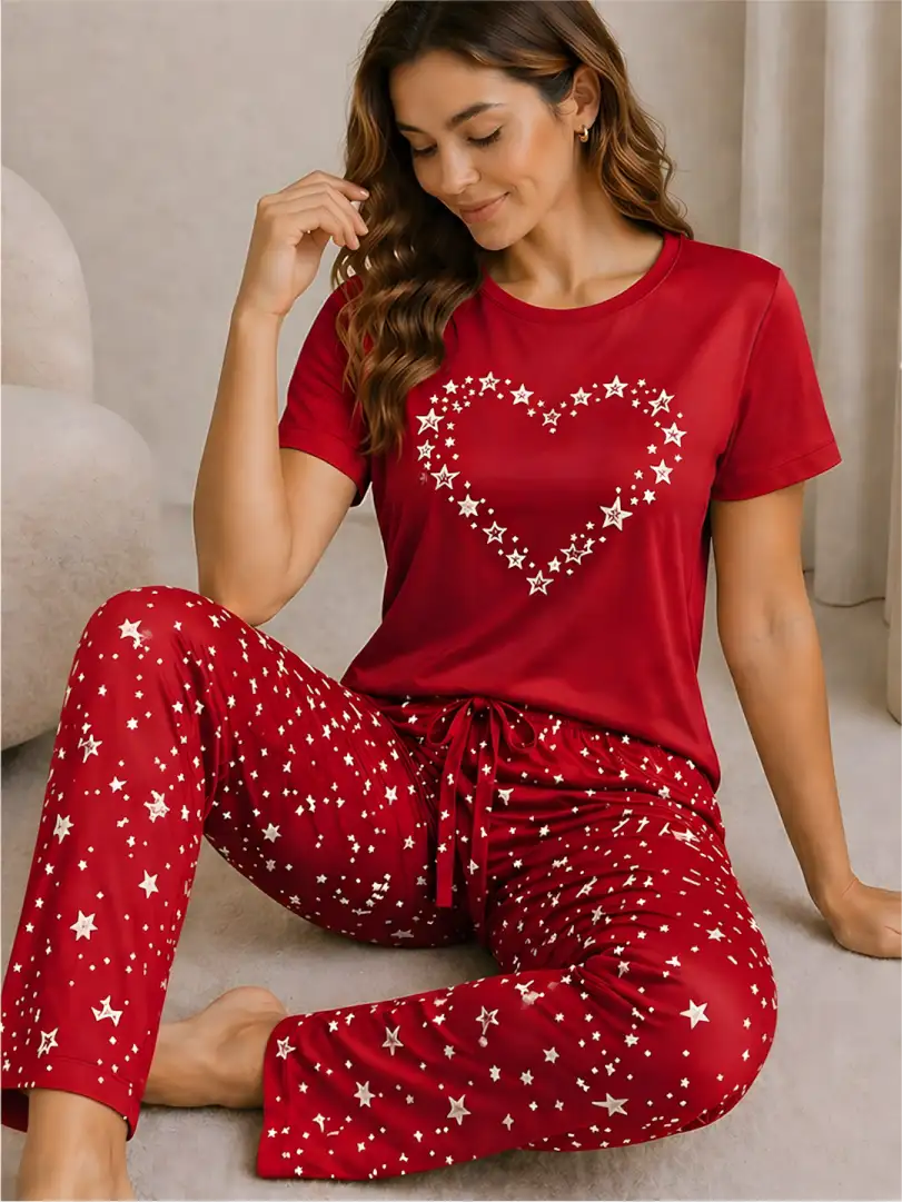 Pijama larga roja para mujer, camiseta manga corta con corazón hecho de estrellas y pantalón largo con patrón de estrellas blancas.