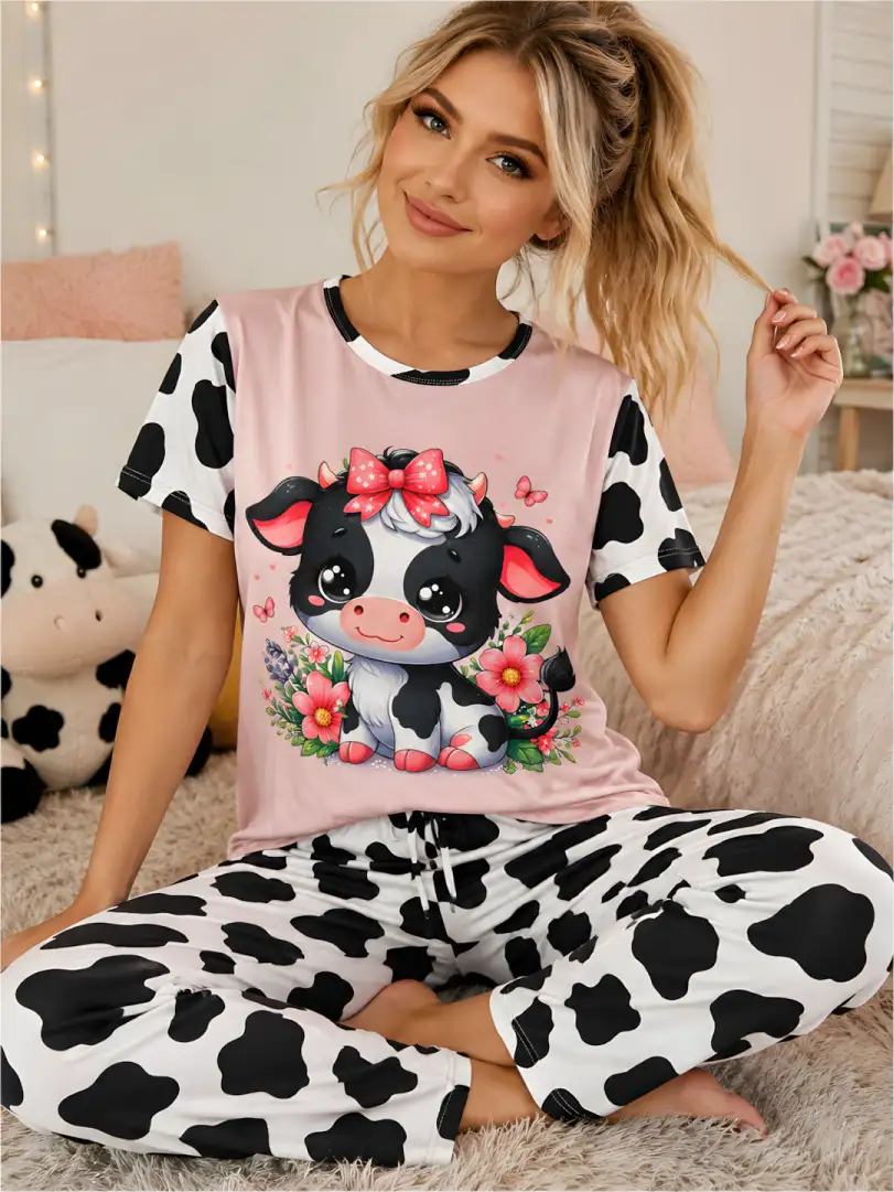 Pijama larga para mujer, camiseta con centro rosa y tierna vaquita floral, mangas y pantalón largo con clásico estampado de manchas de vaca en blanco y negro.