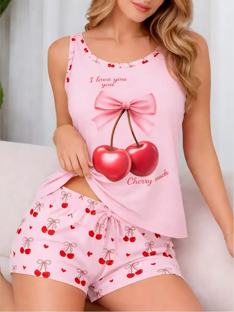 Pijama rosa de tiras para mujer, camiseta con gráfica de cerezas y moño, y short con patrón de pequeñas cerezas y corazones.