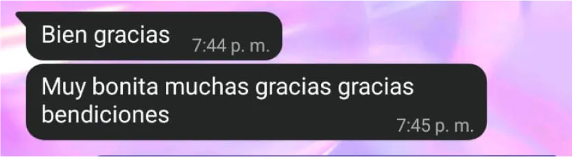 Mensaje de clienta por WhatsApp