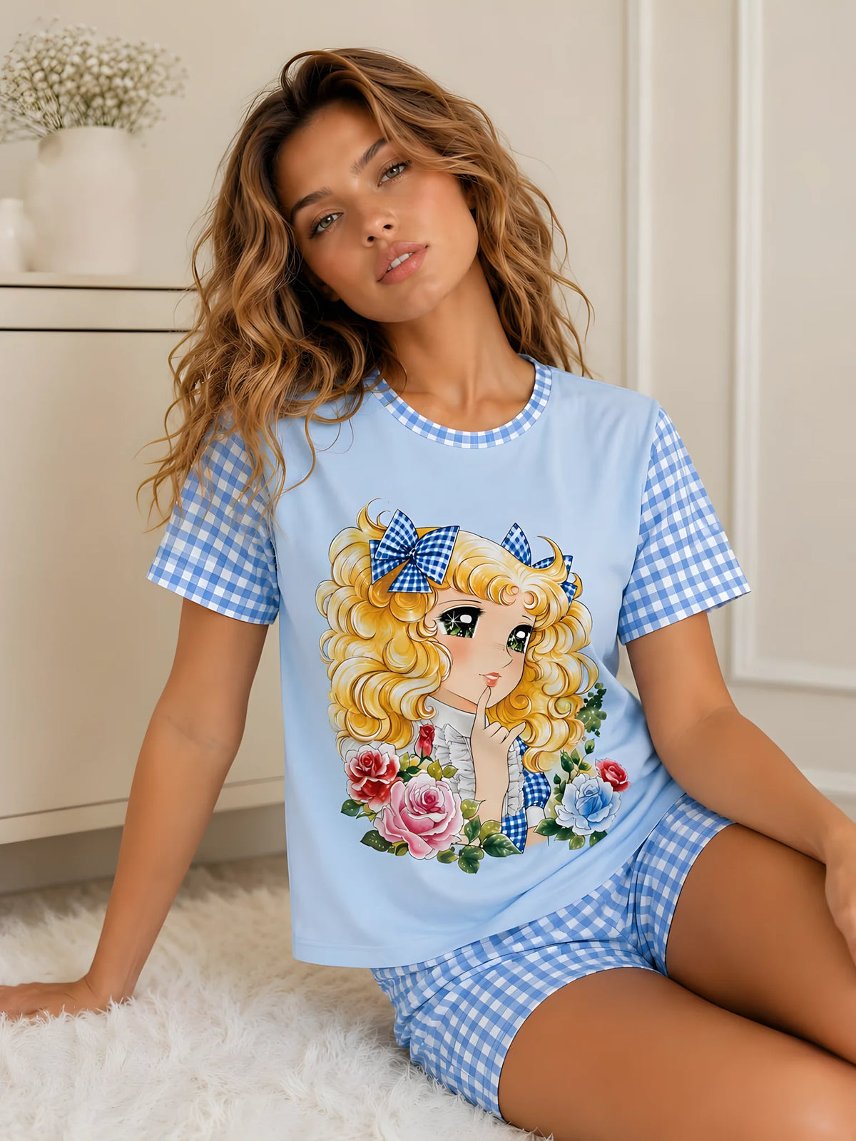 Pijama Candy Candy Azul Cuadros para mujer, camiseta manga corta y short a juego.
