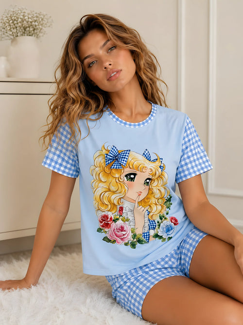 Pijama Candy Candy Azul Cuadros para mujer, camiseta manga corta y short a juego.