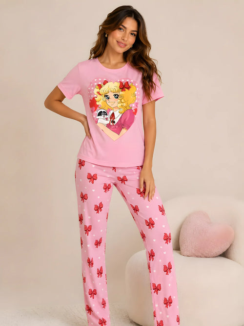 Pijama Candy Candy Corazón Rosa para mujer, camiseta manga corta y pantalón largo a juego.