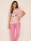 Pijama Conejito Corona Rosa para mujer, camiseta manga corta y pantalón largo a juego.