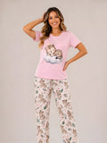 Pijama Leopardo Bebé Nube para mujer, camiseta manga corta y pantalón largo a juego.