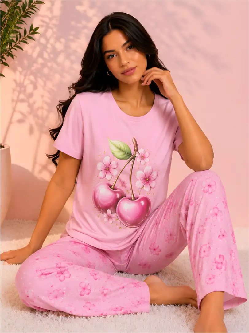Pijama larga rosa para mujer, camiseta manga corta con ilustración de cerezas y flores, y pantalón largo con estampado de flores rosas primaverales.