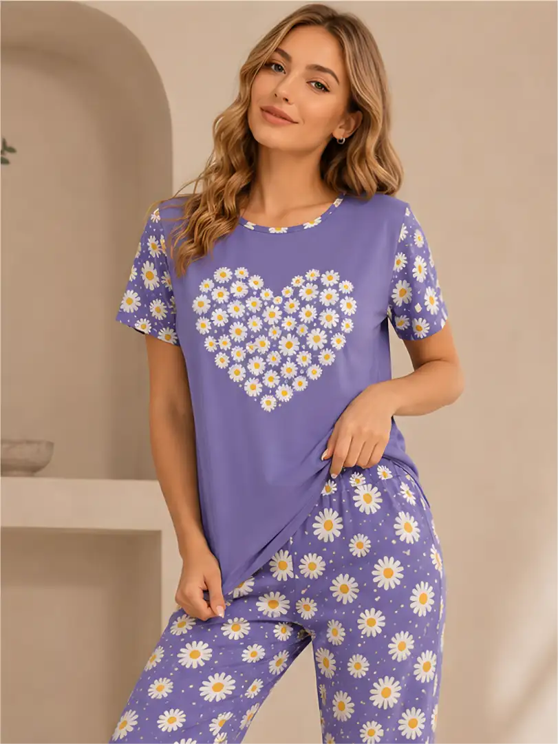 Pijama larga lila para mujer, camiseta manga corta con corazón de margaritas blancas y pantalón largo floral.