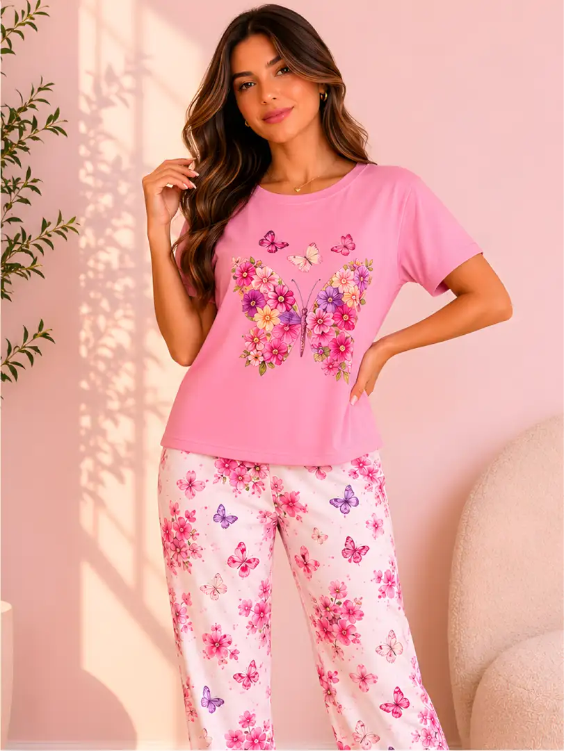 Pijama larga para mujer, camiseta rosa manga corta con gráfica de mariposa floral y pantalón con patrón de flores y mariposas.