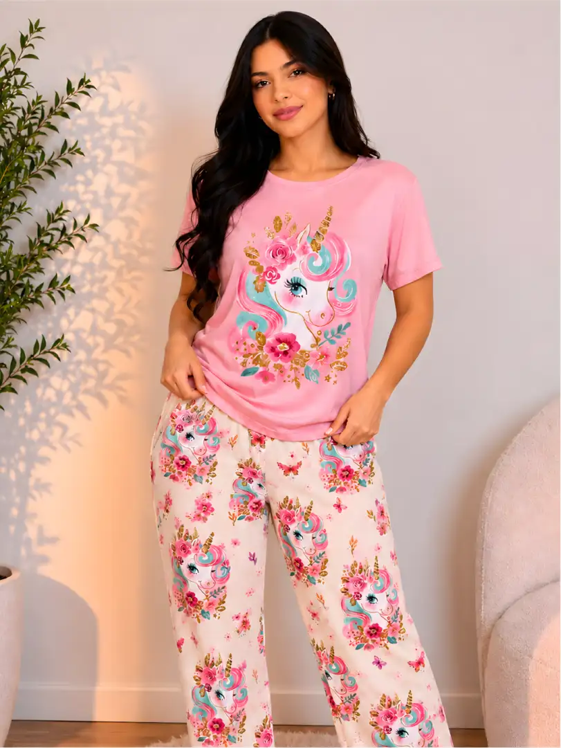 Pijama larga rosa para mujer, camiseta manga corta con gráfica de unicornio y flores, y pantalón largo claro con estampado de unicornios florales.