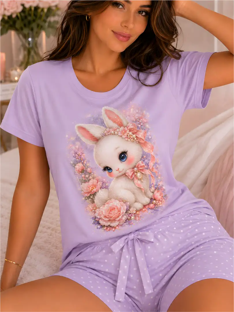 Pijama corta para mujer en color lila con estampado de conejito y flores, camiseta manga corta y short con lunares.