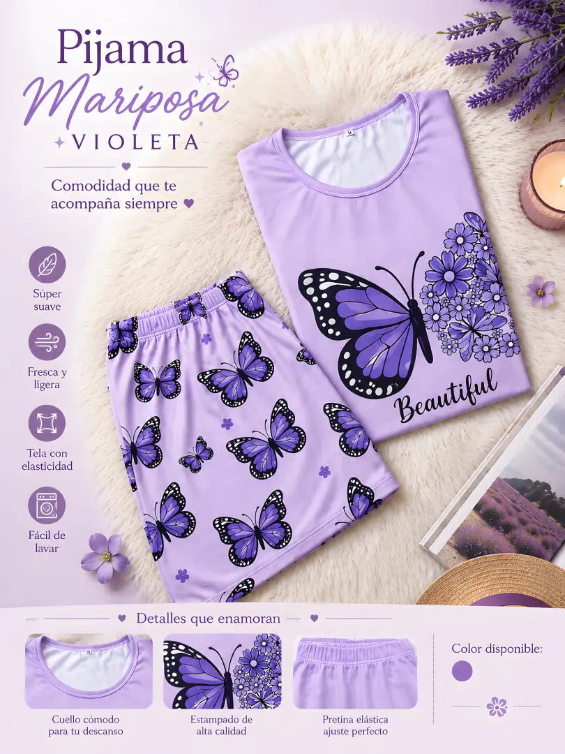 Infografía de pijama corta lila para mujer con detalles de beneficios de la tela, diseño de mariposas, close-up del estampado y costuras.