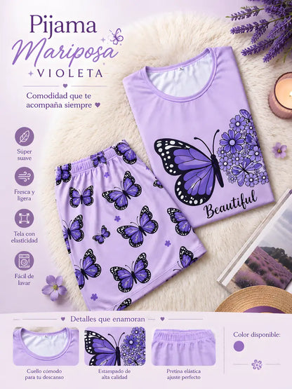Infografía de pijama corta lila para mujer con detalles de beneficios de la tela, diseño de mariposas, close-up del estampado y costuras.