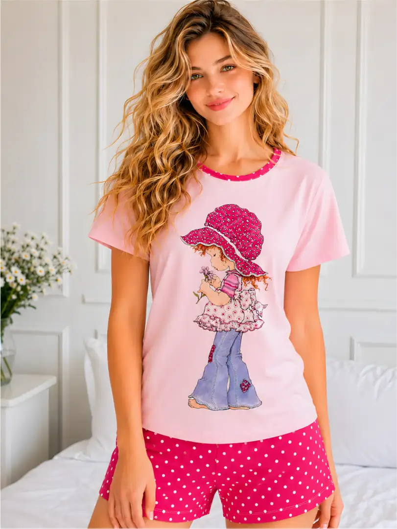 Pijama corta rosa para mujer, camiseta manga corta con ilustración vintage de muñeca Fresita y short fucsia con estampado de lunares blancos.