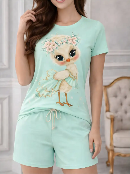 Pijama corta para mujer verde menta, camiseta con tierno pajarito floral y short liso.