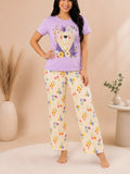 Pijama Oso Floral Lila para mujer, camiseta manga corta y pantalón largo a juego.