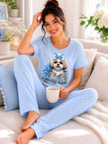Pijama Perrito Cartera Azul para mujer, camiseta manga corta y pantalón largo a juego.