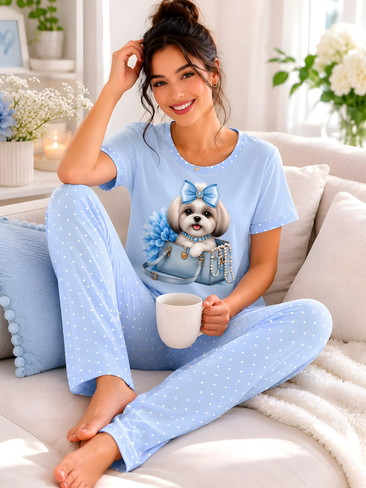 Pijama Perrito Cartera Azul para mujer, camiseta manga corta y pantalón largo a juego.