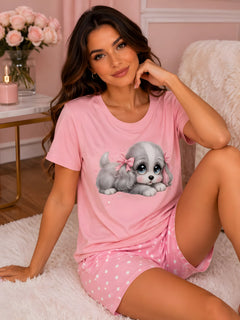 Pijama Perrito con Moños Rosa para mujer, camiseta manga corta y short a juego.