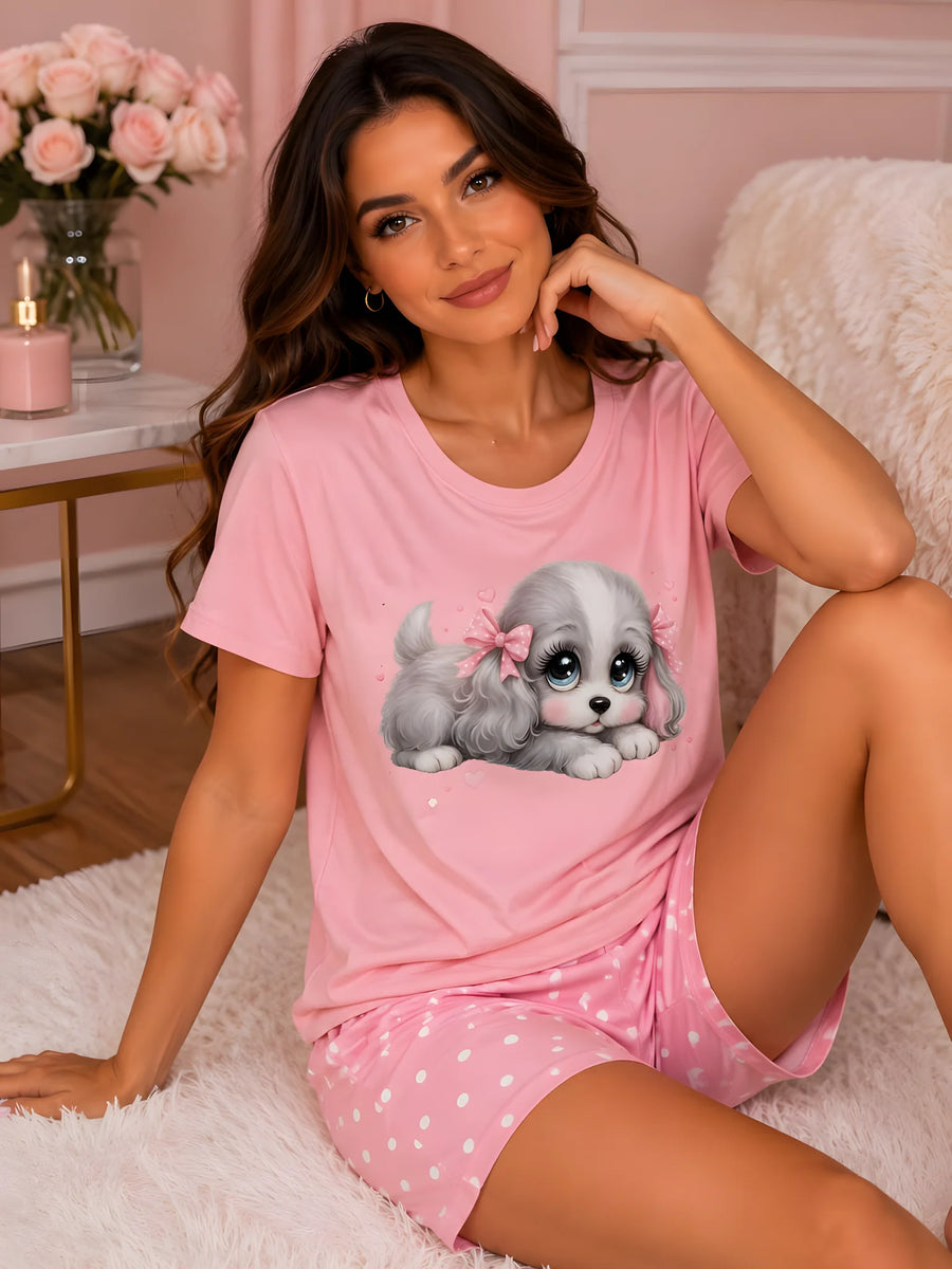 Pijama Perrito con Moños Rosa para mujer, camiseta manga corta y short a juego.