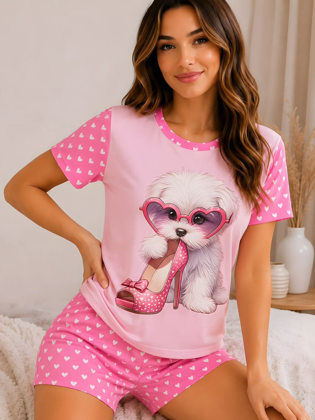 Pijama Perrito Tacón Rosa para mujer, camiseta manga corta y short a juego.