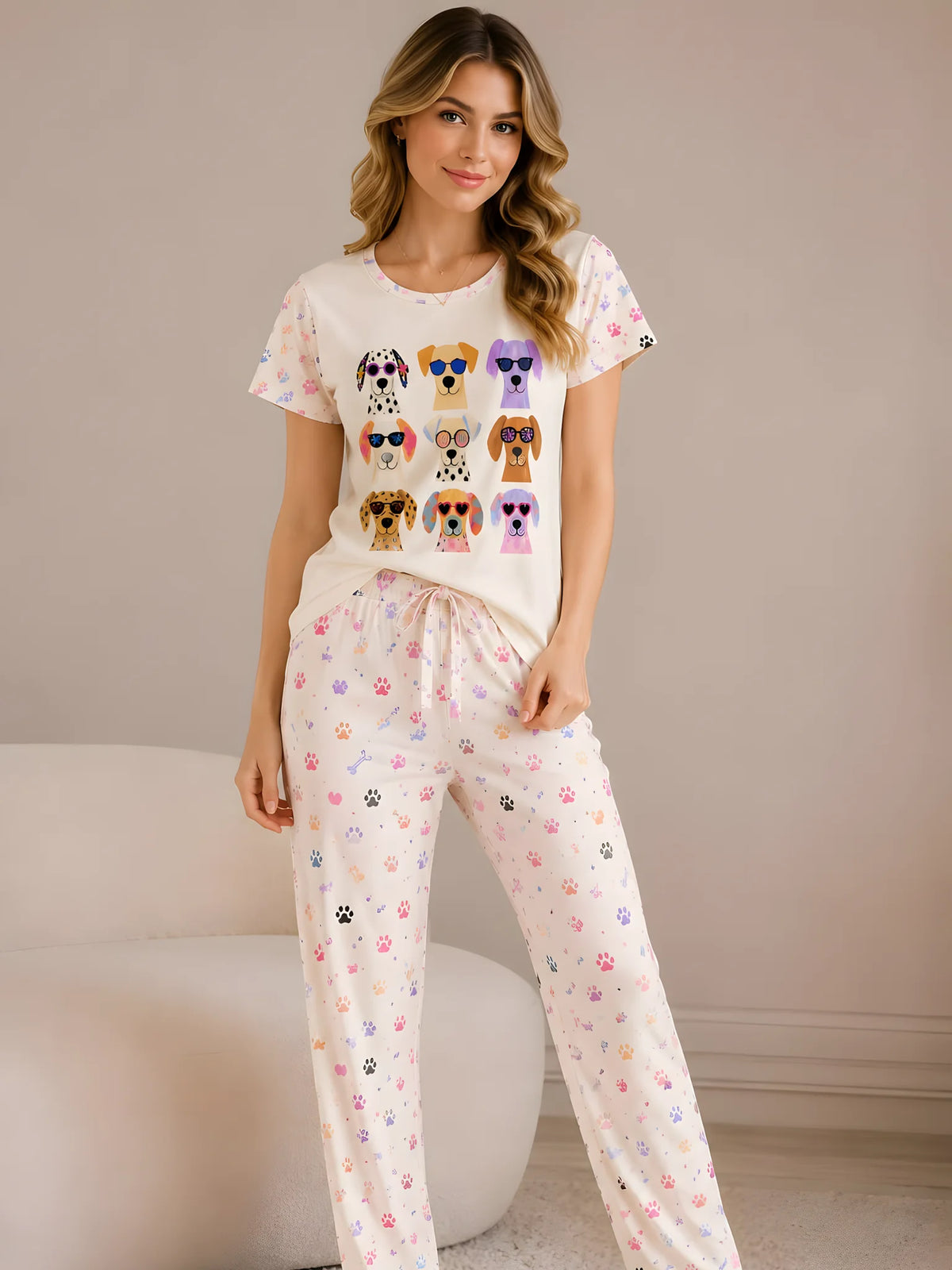 Pijama Perritos Gafas Crema para mujer, camiseta manga corta y pantalón largo a juego.