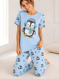 Pijama Pingüino Bufanda Azul para mujer, camiseta manga corta y pantalón largo a juego.