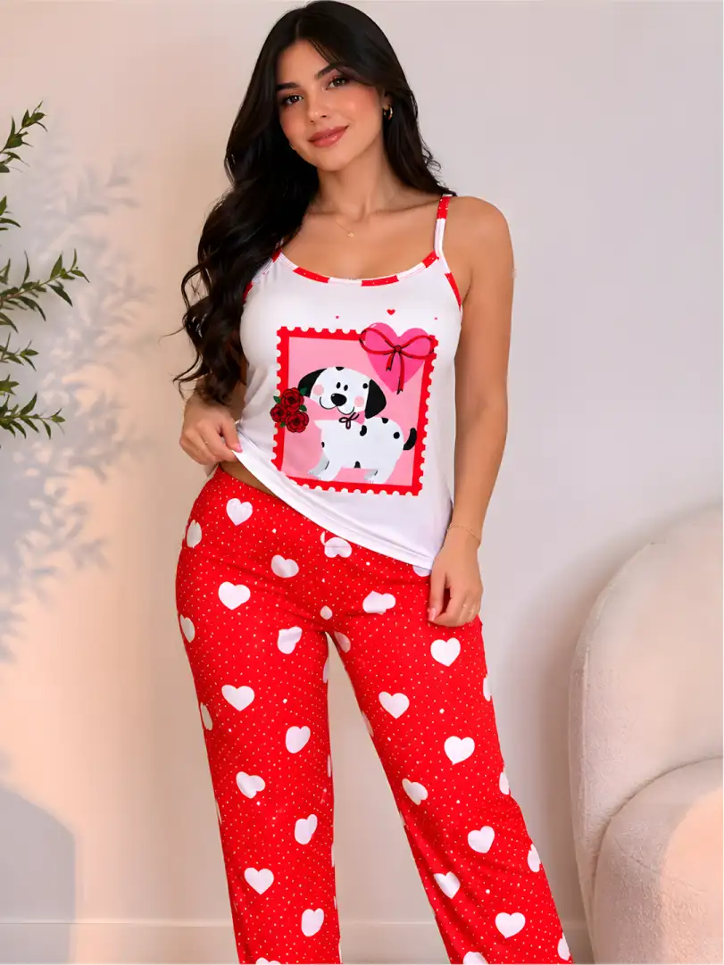 Pijama larga para mujer, camiseta blanca de tiras con gráfica de perrito dálmata y pantalón largo rojo con corazones blancos.