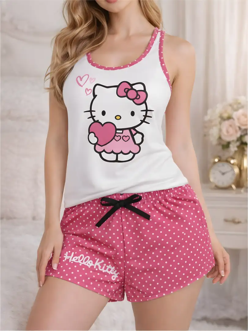 Pijama corta para mujer, camiseta blanca de tiras en "Y" con gráfica de Hello Kitty sosteniendo un corazón y short rosa con lunares blancos y lazo negro.