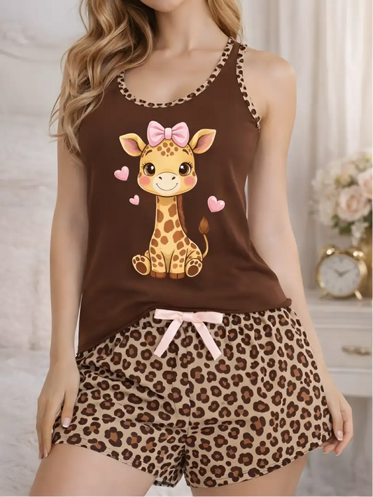 Pijama corta de tiras en "Y" para mujer, camiseta café con tierna jirafa y short con estampado de leopardo.