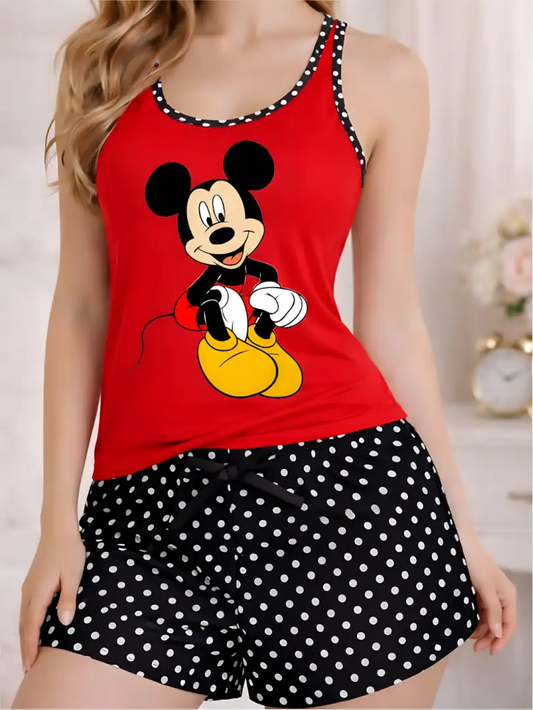 Pijama corta roja de tiras en "Y" para mujer, camiseta con gráfica de Mickey Mouse y bordes de lunares, short negro con lunares blancos.
