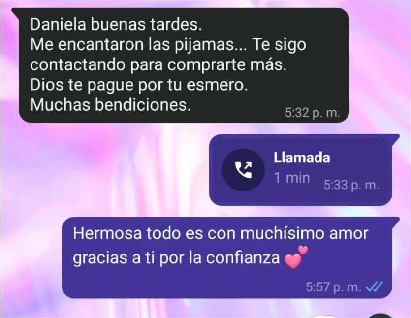 Mensaje de clienta por WhatsApp