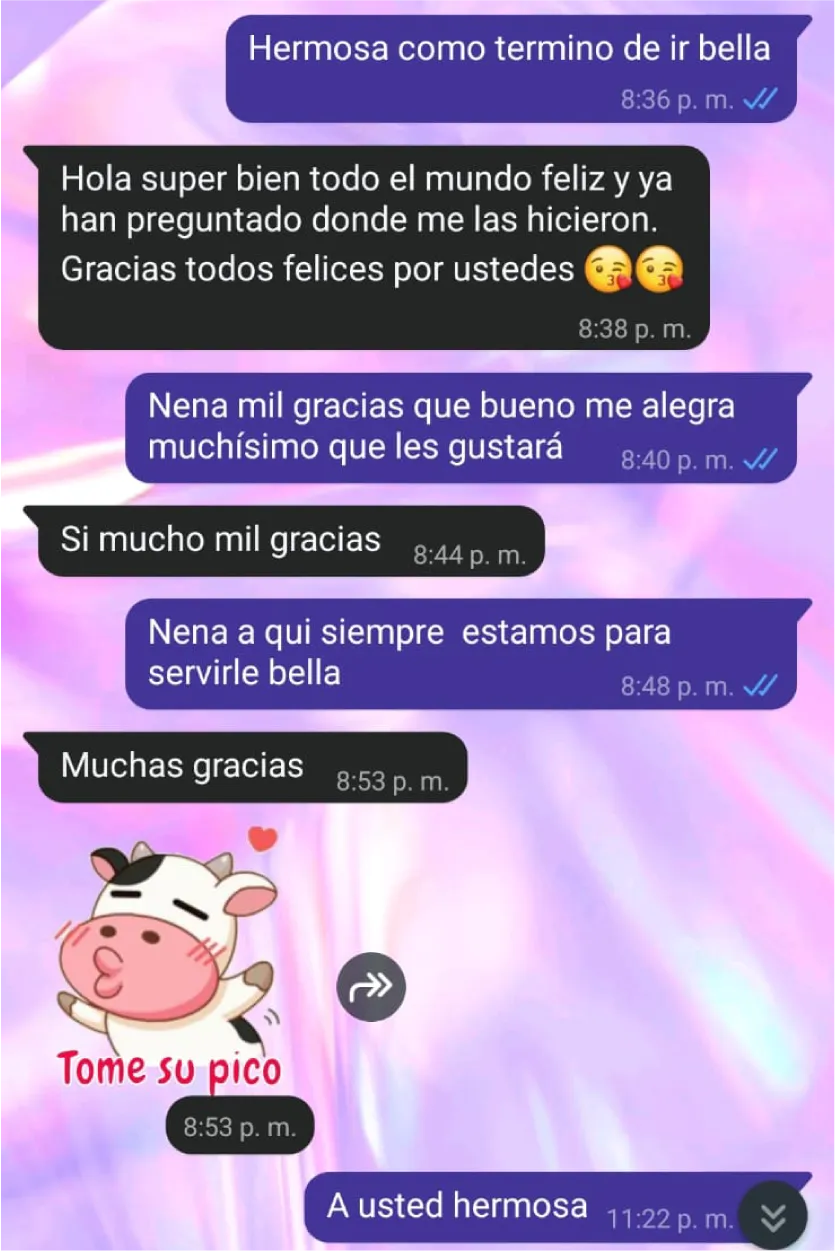 Mensaje de clienta por WhatsApp