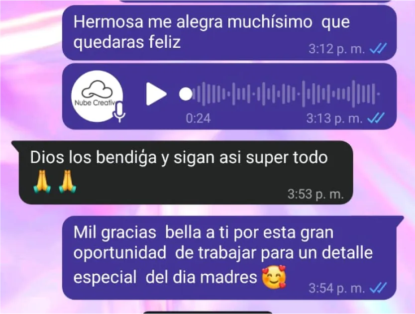 Mensaje de clienta por WhatsApp